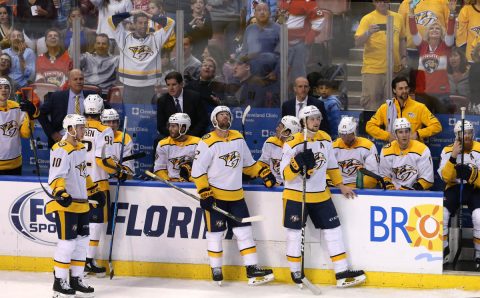 Apr 3, 2018; Sunrise, FL, USA; Nashville Predators react as the game tying goal was disallowed with one second left in the third period of a game against the Florida Panthers at BB&T Center. Mandatory Credit: Robert Mayer-USA TODAY Sports