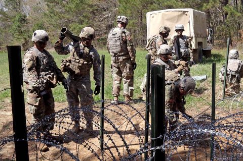 Soldiers of 2nd Platoon, Alpha Company, 39th Brigade Engineer Battalion, 2nd Brigade Combat Team, 101st Airborne Division (Air Assault), work together to construct an Eleven-Row Obstacle, April 18th on Fort Campbell, KY. The Eleven-Row Obstacle was constructed during a weekly platoon training exercise, it is constructed to enforce counter-mobility. (U.S. Army photo by Pfc. Beverly Roxane Mejia, 40th Public Affairs Detachment) 