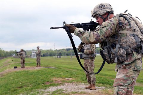 Spc. Johnny Richardson, a Charleston, South Carolina native, from Charlie Company, 1st Battalion, 187th Infantry Regiment, 3rd Brigade Combat Team, 101st Airborne Division, shoots pop-up targets during the qualification portion of the 101st’s NCO, Soldier of the Year at Range 9 on Fort Campbell, Ky., April 24. (Sgt. Sharifa Newton, 40th Public Affairs Detachment) 