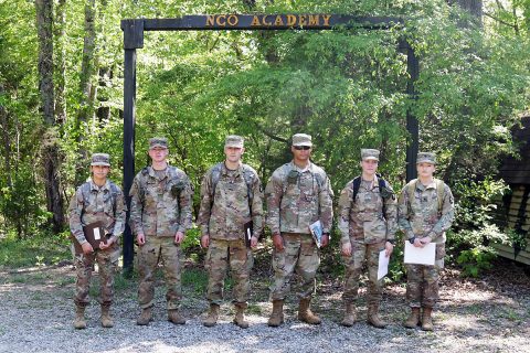 Combat medics from Headquarters and Headquarters Battery and 1-320th Field Artillery, 101st Division Artillery, 101st Airborne Division (Air Assault) prepare themselves to embark on a three-hour, five-point land navigation training, May 8th, 2018, Fort Campbell, KY. (Pfc. Beverly Roxane Mejia, 40th Public Affairs Detachment)