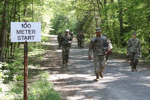 Combat medics from Headquarters and Headquarters Battery and 1-320th Field Artillery, 101st Division Artillery, 101st Airborne Division (Air Assault) get their pace-count ready for land navigation training, May 8th, 2018, Fort Campbell, KY. The land navigation training is a testable subject in the Expert Field Medical Badge, awarded to Solders with proficient medical and tactical soldier skills. (Pfc. Beverly Roxane Mejia, 40th Public Affairs Detachment)