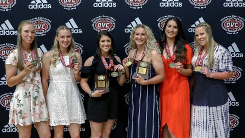 Austin Peay Softball's (L to R) Natalie Schilling, Kacy Acree, Bailey Shorter, Morgan Rackel, Kelly Mardones, and Danielle Liermann receive OVC All Conference Honors. (APSU Sports Information)