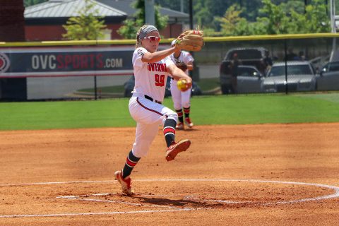 Austin Peay Softball junior pitcher Morgan Rackel holds UT Martin to three hits while striking out three in 2-0 Governors win, Wednesday in OVC Tournament action. (APSU Sports Information)