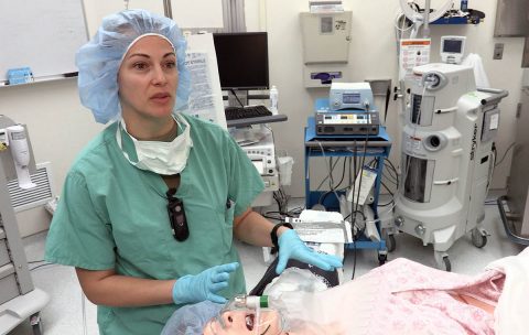 Blanchfield Army Community Hospital Labor and Delivery Nurse, Capt. Jessica Sexton conducts training on the hospital's new obstetrics and pediatrics training simulator. (U.S. Army photo by Fred Holly)