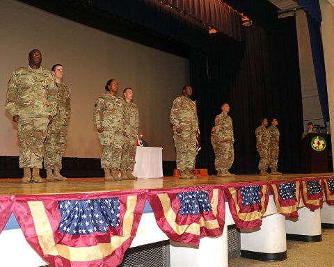 Fort Campbell non-commissioned officers and their Soldiers participated in a Sergeant Audie Murphy Club Induction Ceremony at Wilson Theater May 10. Named for Medal of Honor recipient Audie Murphy, SAMC is a professional organization of NCOs who exemplify Army leadership. During the ceremony, inductees Sgt. 1st Class Ivan Tanna, Staff Sgt. Shaneka Brown, Staff Sgt. Cory Hudson, Staff Sgt. Eric Serrano, all from Blanchfield, and 3rd Battalion, 320th Field Artillery Regiment, 101st Airborne Division Artillery Brigade's Staff Sgt. Tamika Wilcox of received the coveted SAMC medallion. (U.S. Army photo by Maria Yager)