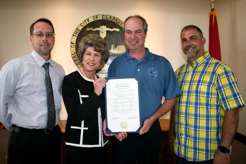 Clarksville Mayor Kim McMillan presented a proclamation in support of the Stamp Out Hunger Food Drive. The drive, conducted by local letter carriers, will be Saturday, May 12th. Pictured, from left, are local postmaster John C. Greiner, Mayor McMillan, local NALC branch president Ray Maki and Demoia Eatherly, chief steward for local rural letter carriers.