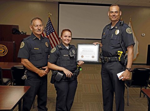 Clarksville Police Officer Samantha Kellett being presented with a Lifesaver Award.