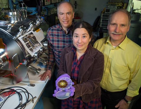 John Hagopian (left) collaborated with instrument scientist Lucy Lim to develop a new instrument that relies on carbon nanotubes to provide the electrons needed to excite minerals contained in an extraterrestrial sample. Larry Hess (right) patterns all the leads and patches where the catalyst for growing nanotubes is deposited. (NASA's Goddard Space Flight Center/Bill Hrybyk) John Hagopian (left) collaborated with instrument scientist Lucy Lim to develop a new instrument that relies on carbon nanotubes to provide the electrons needed to excite minerals contained in an extraterrestrial sample. Larry Hess (right) patterns all the leads and patches where the catalyst for growing nanotubes is deposited. (NASA's Goddard Space Flight Center/Bill Hrybyk)
