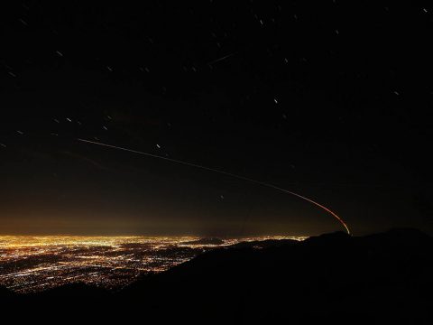 This image shows the trail of NASA's Mars InSight lander over the Los Angeles area after launching from Vandenberg Air Force Base in Central California on May 5, 2018. This is a stack of exposures taken from Mt. Wilson. (D. Ellison)