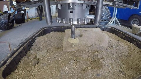 A test of a new percussive drilling technique at NASA's JPL. Later this week, NASA's Curiosity rover will test percussive drilling on Mars for the first time since December 2016. (NASA/JPL-Caltech)