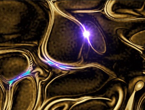 In a turbulent magnetic environment, magnetic field lines become scrambled. As the field lines cross, intense electric currents (shown here as bright regions) form and eventually trigger magnetic reconnection (indicated by a flash), which is an explosive event that releases magnetic energy accumulated in the current layers and ejects high-speed bi-directional jets of electrons.(NASA Goddard’s Conceptual Image Lab/Lisa Poje; Simulations by: University of Chicago/Colby Haggerty; University of Delaware/Tulasi Parashar)