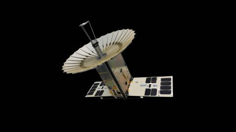 The RainCube 6U CubeSat with fully-deployed antenna. (NASA/JPL-Caltech)