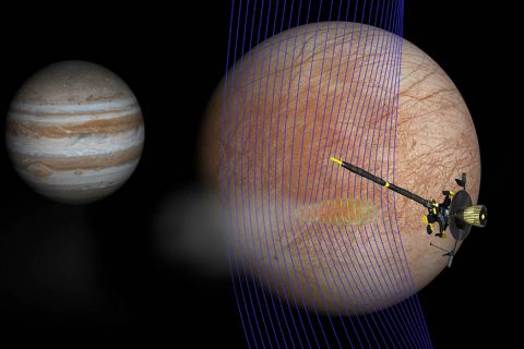 Artist's illustration of Jupiter and Europa (in the foreground) with the Galileo spacecraft after its pass through a plume erupting from Europa's surface. (NASA/JPL-Caltech/Univ. of Michigan)