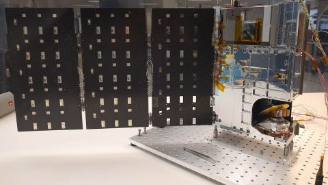 The complete TEMPEST-D spacecraft shown with the solar panels deployed. (Blue Canyon Technologies)