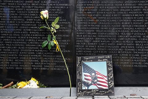 Mementos left by the “Currahee Brothers” from 3rd Battalion, 506th Infantry Regiment, 101st Airborne Division, lay on panel 43 of the Vietnam Veterans Memorial, Feb. 19, 2018, in Washington, D.C. Veterans of the battalion visit the memorial annually in remembrance of 8 soldiers lost in an ambush on Feb. 19, 1968. This year marks the 50th anniversary of that battle. (U.S. Army photo by Staff Sgt. Paige Behringer) 