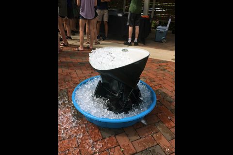 After Bryan Gaither and Jeremiah Simmons boiled water in this steel drum, they sealed it and put it in an ice bath. Within 90 seconds it imploded. (Austin Peay State University)