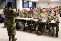 Brig. Gen. Telita Crosland, Regional Health Command-Atlantic commander, shares her priorities with senior officers, noncommissioned officers and civilian leaders, during a leadership professional development June 27 at Blanchfield Army Community Hospital. Crosland assumed command of RHC-A, Army Medicine’s largest regional health command, earlier this month and is circulating through the 14 medical treatment facilities and six direct reporting units in the region. (U.S. Army photo by Maria Yager)