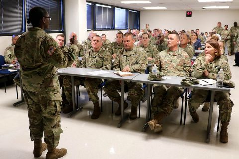 Brig. Gen. Telita Crosland, Regional Health Command-Atlantic commander, shares her priorities with senior officers, noncommissioned officers and civilian leaders, during a leadership professional development June 27 at Blanchfield Army Community Hospital. Crosland assumed command of RHC-A, Army Medicine's largest regional health command, earlier this month and is circulating through the 14 medical treatment facilities and six direct reporting units in the region. (U.S. Army photo by Maria Yager)