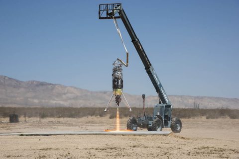 Masten Space Systems’ Xodiac rocket flight tests Honeybee Robotics pneumatic sampler collection system, PlanetVac, in Mojave Desert. (NASA Photo / Lauren Hughes)