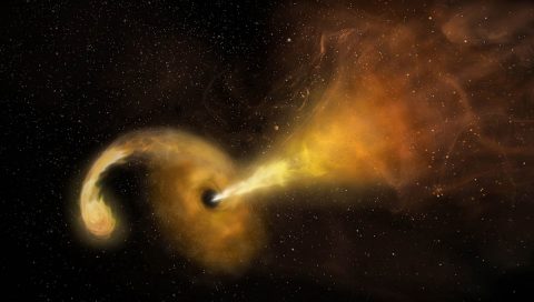 An artist's concept of a tidal disruption event (TDE) that happens when a star passes fatally close to a supermassive black hole, which reacts by launching a relativistic jet. (Sophia Dagnello, NRAO/AUI/NSF) An artist's concept of a tidal disruption event (TDE) that happens when a star passes fatally close to a supermassive black hole, which reacts by launching a relativistic jet. (Sophia Dagnello, NRAO/AUI/NSF)