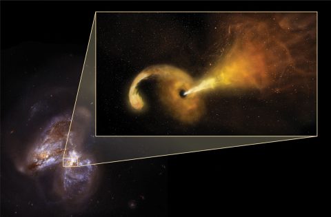 An image of the galaxy Arp299B, which is undergoing a merging process with Arp299A (the galaxy to the left), captured by NASA's Hubble space telescope. The inset features an artist's illustration of a tidal disruption event (TDE), which occurs when a star passes fatally close to a supermassive black hole. A TDE was recently observed near the center of Arp299B. (Sophia Dagnello, NRAO/AUI/NSF; NASA, STScI)