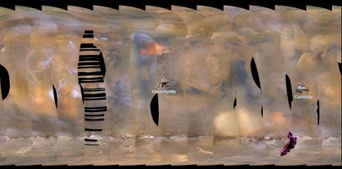 This set of images from NASA's Mars Reconnaissance Orbiter shows a fierce dust storm is kicking up on Mars, with rovers on the surface indicated as icons. (NASA/JPL-Caltech/MSSS) This set of images from NASA's Mars Reconnaissance Orbiter shows a fierce dust storm is kicking up on Mars, with rovers on the surface indicated as icons. (NASA/JPL-Caltech/MSSS)