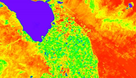 A simulation of ECOSTRESS land surface temperature data around California's Salton Sea (dark blue area, upper left). Cooler areas appear in blue and green, warmer areas are in yellow and red. The region south of the lake that appears green is mostly agricultural fields, and other surrounding areas are desert. (NASA / JPL-Caltech)