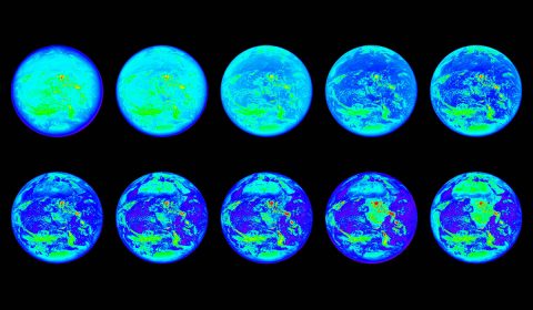 These images show the sunlit side of Earth in 10 different wavelengths of light that fall within the infrared, visible and ultraviolet ranges; the images are representational-color, because not all of these wavelengths are visible to the human eye. Each wavelength highlights different features of the planet -- for example, the continent of Africa is visible in the lower right image, but is nearly invisible in the upper left image. (NASA/NOAA)