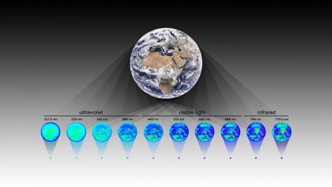 This artist's illustration shows an enhanced-color image of Earth from NASA's Earth Polychromatic Imaging Camera (EPIC) instrument (top). EPIC observes the planet in 10 wavelength bands, shown here as 10 representational-color images (middle).  (NASA/NOAA/JPL-Caltech)