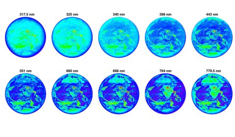 This image shows the sunlit side of Earth, observed in 10 wavelengths by the EPIC instrument aboard the DSCOVR satellite. Each image shows the same snapshot of Earth in a different wavelength. The specific wavelength bands are indicated above each image. (NASA/NOAA)