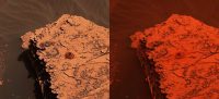 Two images from the Mast Camera (Mastcam) on NASA’s Curiosity rover show a change in the color of light on the Martian surface since a dust storm engulfed Gale Crater. The left image shows the “Duluth” drill site on Sol 2058 (May 21); the right image is from Sol 2084 (June 17). The cherry red color is largely due to red dust grains in the atmosphere letting red light through, but not green or blue light. (NASA/JPL-Caltech/MSSS)