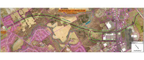 This map shows the proposed route of the Northeast Connector, which received $16.1 million in funding in the Clarksville 2019 budget approved 11-2 on Thursday.