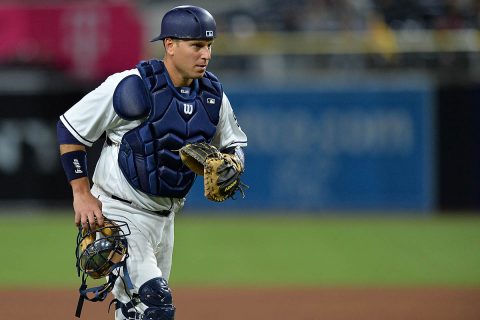 APSU Hall of Fame member A.J. Ellis now wears #17 and plays catcher for the San Diego Padres. (Jake Roth-USA TODAY Sports)