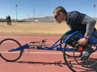 Sgt. Jonathan Weasner prepares for the 100 meter wheelchair race at Stout Track, Fort Bliss, Texas. 74 wounded, ill, and injured athletes at Fort Bliss, Texas will participate in the 2018 Army Trials March 3-8. These Soldiers and veterans will compete in 10 events with hopes of earning a spot on Team Army for the 2018 Department of Defense Warrior Games, June 2-9 in Colorado Springs, Colorado. (Annette P. Gomes)