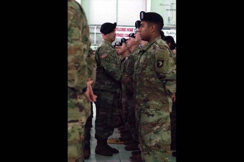 Command Sgt. Maj. Berk Parsons, command sergeant major of the Field Artillery, shakes the hands of the Soldiers with Charlie Battery, 1st Battalion, 320th Field Artillery Regiment, 101st Airborne Division Artillery Brigade 101st Airborne Division (Air Assault), after the Henry A. Knox Award ceremony, June 27, on Fort Campbell, KY. (Pfc. Lynnwood Thomas, 40th Public Affairs Detachment) 