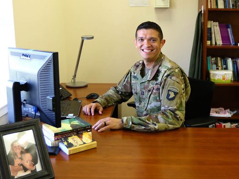 Cpt. Daniel T. Isfan, the battalion chaplain for Headquarters and Headquarters Battalion, 101st Airborne Division (Air Assault), poses for a photo on Fort Campbell, Ky, June 11. “You never know who's going to walk through the door, so you always have to be ready to either give a word of encouragement, a shoulder to cry on, a word of wisdom, or just a presence, someone to be there,” said Isfan. (Sgt. Sharifa Newton, 40th Public Affairs Detachment)