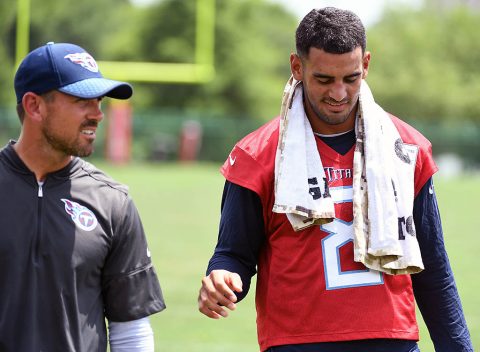 Tennessee Titans quarterback Marcus Mariota (8) talks with Titans offensive coordinator Matt LaFleur after practice at Saint Thomas Sports Park. Mandatory (Christopher Hanewinckel-USA TODAY Sports)