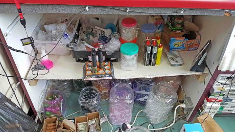 A shelf full of Unlawful Drug Paraphernalia Items at Q Pump on Dover Road