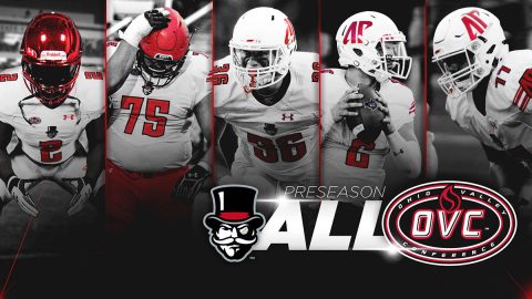 Austin Peay State University Football's Kyle Anderton, Jeremiah Oatsvall, Ryan Rockensuess, Gunnar Scholato and Jaison Williams named to the 2018 Preseason All-Ohio Valley Conference Football Team. (APSU Sports Information)