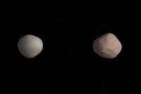 Artist’s concept of what binary asteroid 2017 YE5 might look like. The two objects showed striking differences in radar reflectivity, which could indicate that they have different surface properties. (NASA/JPL-Caltech)