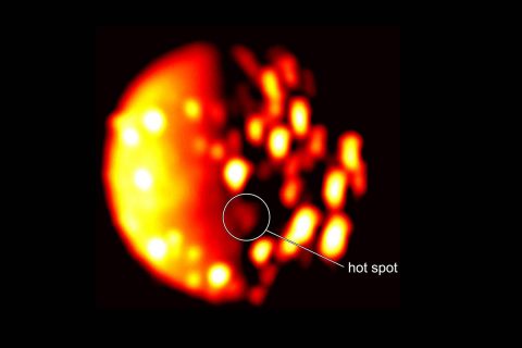 This annotated image highlights the location of the new heat source in the southern hemisphere of the Jupiter moon Io. The image was generated from data collected on Dec. 16, 2017, by the Jovian Infrared Auroral Mapper (JIRAM) instrument aboard NASA's Juno mission when the spacecraft was about 290,000 miles (470,000 kilometers) from the Jovian moon. (NASA/JPL-Caltech/SwRI/ASI/INAF/JIRAM) This annotated image highlights the location of the new heat source in the southern hemisphere of the Jupiter moon Io. The image was generated from data collected on Dec. 16, 2017, by the Jovian Infrared Auroral Mapper (JIRAM) instrument aboard NASA's Juno mission when the spacecraft was about 290,000 miles (470,000 kilometers) from the Jovian moon. (NASA/JPL-Caltech/SwRI/ASI/INAF/JIRAM)