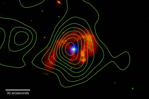 Eta Carinae shines in X-rays in this image from NASA's Chandra X-ray Observatory. The colors indicate different energies. Red spans 300 to 1,000 electron volts (eV), green ranges from 1,000 to 3,000 eV and blue covers 3,000 to 10,000 eV. For comparison, the energy of visible light is about 2 to 3 eV. (NASA/CXC and NASA/JPL-Caltech)