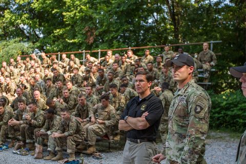 Secretary of the Army Dr. Mark T. Esper observes Soldiers as they maneuver through the air assault obstacle course at The Sabalauski Air Assault School July 10th, 2018 on Fort Campbell, Ky. The 101st Airborne Division (Air Assault) is the Army’s only air assault division. Air assault gives the division unique capabilities of quick and precise infiltration and exfiltration methods. (Sgt. Patrick Kirby, 40th Public Affairs Detachment) 