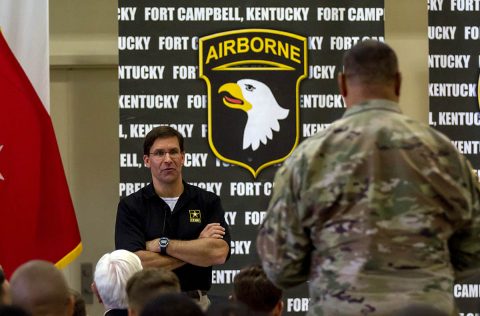 Secretary of the Army Dr. Mark T. Esper hosted a town hall for all Soldier’s, spouses, and civilians on Fort Campbell, Ky, July 10th, 2018. About 150 people were in attendance and were able to directly ask the Secretary and questions they had. (Sgt. Patrick Kirby, 40th Public Affairs Detachment)