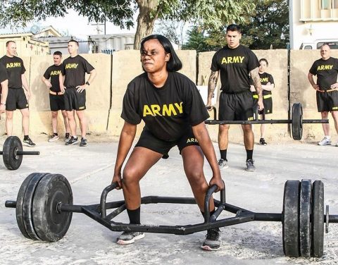 Senior leaders of the 101st Airborne Division (Air Assault) Resolute Support Sustainment Brigade participated in the Army Combat Fitness Test, Aug 14, 2018, on Bagram Airfield, Afghanistan. Master Sgt. Amy Prince participates in the dead lift event attempting to lift 280 pounds. (1st Lt. Verniccia Ford, 101st Airborne Division (AA) Sustainment Brigade Public Affairs)