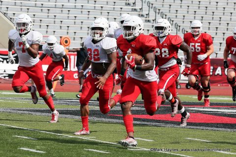 Austin Peay junior running back Tre Nation scampers 57 yards before being knocked out of bounds on the 1 yard line during scrimmage Saturday at Fortera Stadium. 