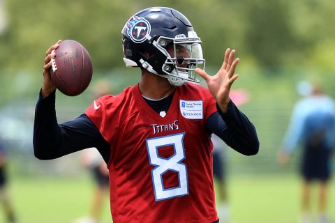 Tennessee Titans quarterback Marcus Mariota (8) passes the ball during minicamp at Saint Thomas Sports Park. (Christopher Hanewinckel-USA TODAY Sports)