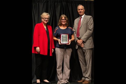 Dr. Katherine Honea, associate professor of languages and literature, receives the APSU Socrates Award.