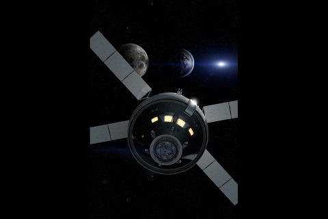 Artist rendering of NASA’s Orion spacecraft as it travels 40,000 miles past the Moon during Exploration Mission-1, its first integrated flight with the Space Launch System rocket. (NASA)