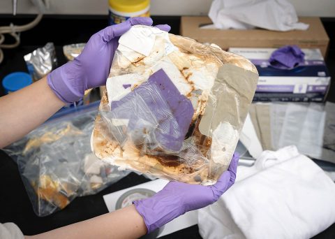 A sample trash tile, compressed to less than one-eighth of the original trash volume, was produced by the Heat Melt Compactor. (NASA/Ames Research Center/Dominic Hart)